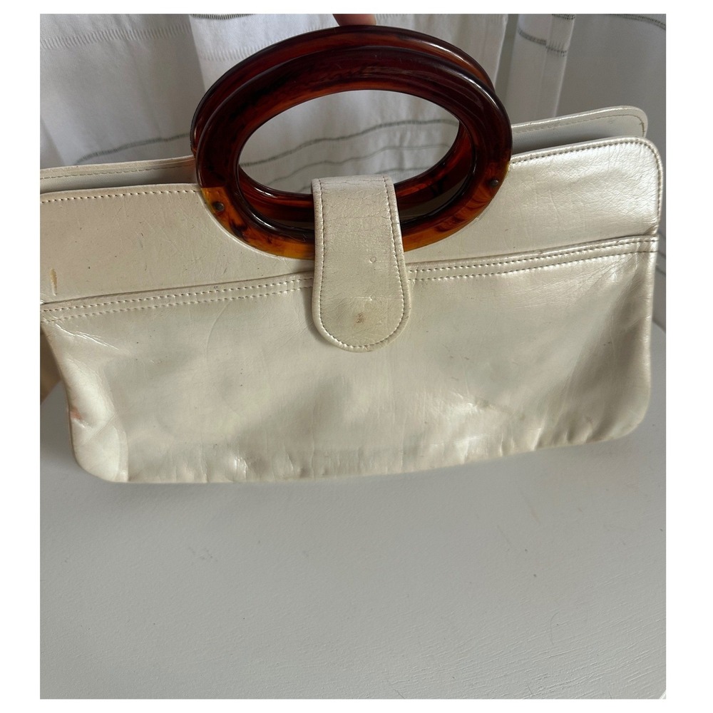 Vintage Cream Leather Handbag Faux Tortoise Shell Ring Handle Top Handle Bag